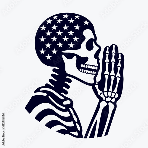 skeleton wear american flag Whispering Secrets. Funny Animal Vector Clip art. Bony patriot attire hushed lore of usa banner covert state.
