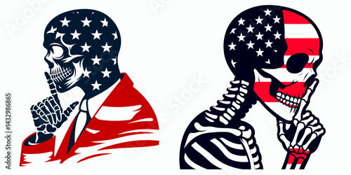 skeleton wear american flag Whispering Secrets. Funny Animal Vector Clip art. Bony attire stars and stripe hush-hush revelation patriotic apparel hidden lore.