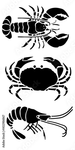 A collection of three black silhouettes of popular seafood: a lobster, a crab, and a shrimp, arranged vertically on a gray background. themes, seafood markets, or nautical designs
