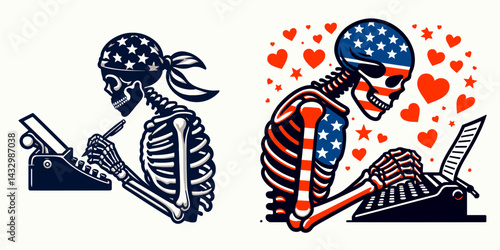 skeleton wear american flag Writing love letters. Funny Animal Vector Clip art. Bony attire star-spangled banner crafting romantic note patriotic theme.