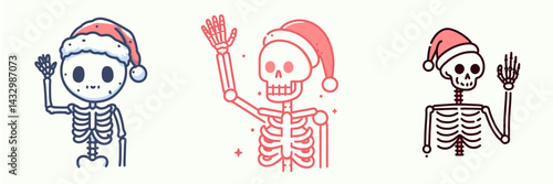 Skeleton wear santa hat Waving Hand. Funny Animal Vector Clip art. Bony figure in festive headgear saluting winter holiday image asset.