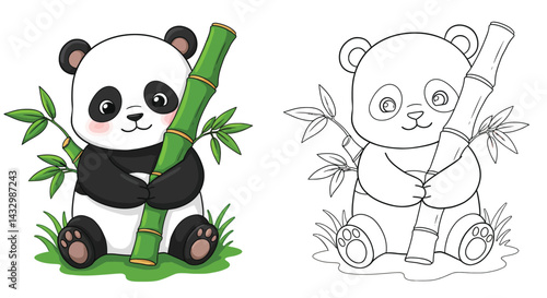 Cute Panda with Bamboo: A charming panda sits amidst the lush bamboo, embracing its woody stalk, and embodying tranquility and nature.
