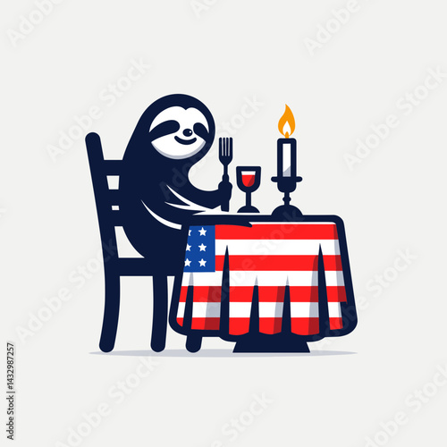 sloth wear american flag Candlelit Dinner. Funny Animal Vector Clip art. Slow mammal garment united states banner romantic supper with illumination.