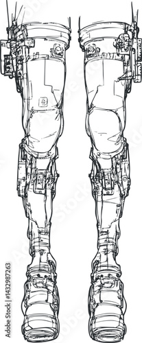 Detailed sketch of robotic cybernetic legs showing mechanical and futuristic prosthetic design