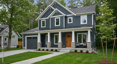 A beautifully constructed two-story house with dark siding, white trim, a welcoming covered porch with stone accents, and a well-maintained front lawn.