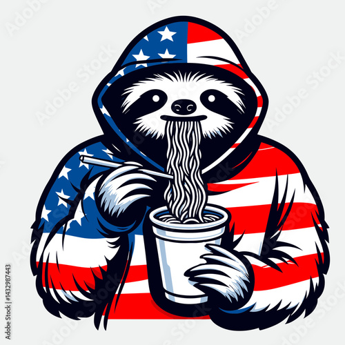 sloth wear american flag eat ramen. Funny Animal Vector Clip art. Relaxed creature donning united states banner devouring asian noodle.