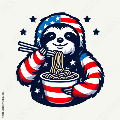 sloth wear american flag eat ramen. Funny Animal Vector Clip art. Lazy mammal donning stars and stripes gulps noodle dish.