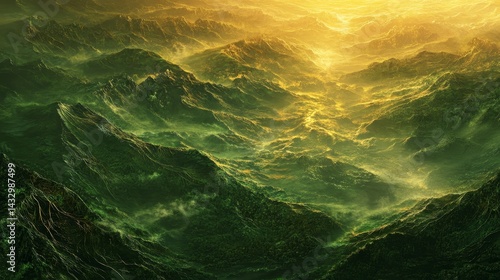 Mountainous landscape with green hills and golden light illuminating the scene.