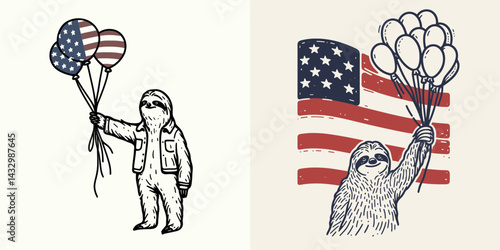 sloth wear american flag Holding balloons or releasing them together. Funny Animal Vector Clip art. Lazy clad patriot pattern grabbing airborne orb letting ascend united.