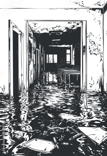 Black and white illustration of a flooded indoor hallway with damaged walls and scattered debris on the water-covered floor.