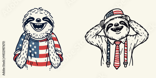 sloth wear american flag Laughing Together. Funny Animal Vector Clip art. Comical slow mammal donning stars & stripes jovial moment union glee collective.