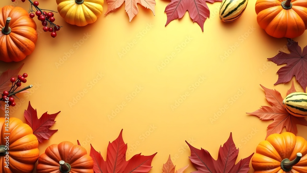 Fototapeta premium Festive Autumn Border with Pumpkins, Gourds, and Colorful Fall Leaves