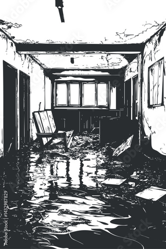 Black and white illustration of an abandoned flooded room with a broken chair and cracked walls