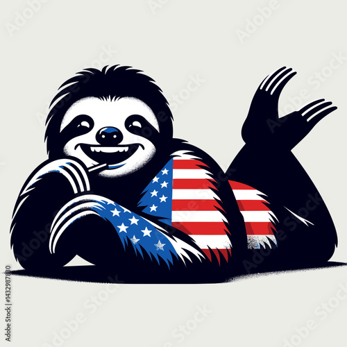 sloth wear american flag lying down on stomach Laughing Together. Funny Animal Vector Clip art. Comical slow mammal donning stars and stripes prone jovial kindred spirit.