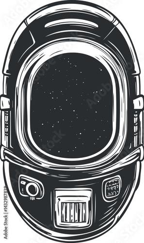 Black and white illustration of a space helmet with a starry sky reflected in the visor representing space exploration
