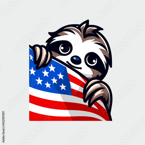 sloth wear american flag peeking. Funny Animal Vector Clip art. Slow mammal donning stars and stripes covert patriot view national symbol.