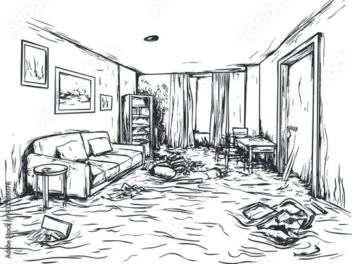 Black and white sketch of a living room flooded with water showing damaged furniture and interior elements.