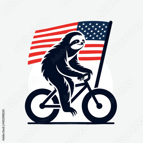 sloth wear american flag ride bikecycle. Funny Animal Vector Clip art. Patriotic slow mammal outfit usa banner cycle locomotion.