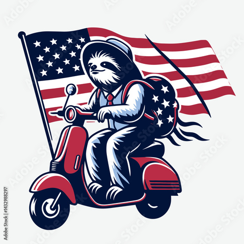 sloth wear american flag ride retro scooter. Funny Animal Vector Clip art. Lazy in star spangled garment cruises vintage moped.