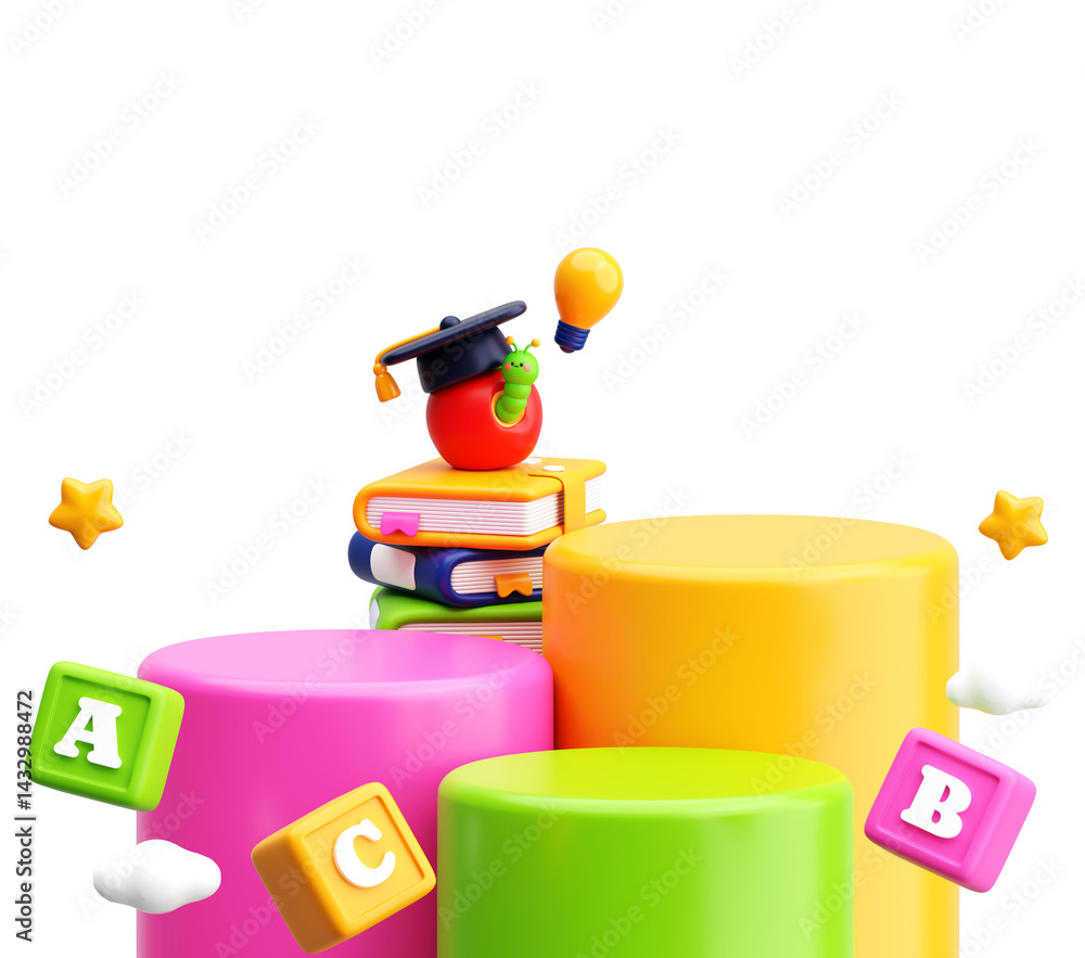 Fototapeta premium 3D Apple with Worm and Graduation Cap on Books with ABC Blocks and Light Bulb