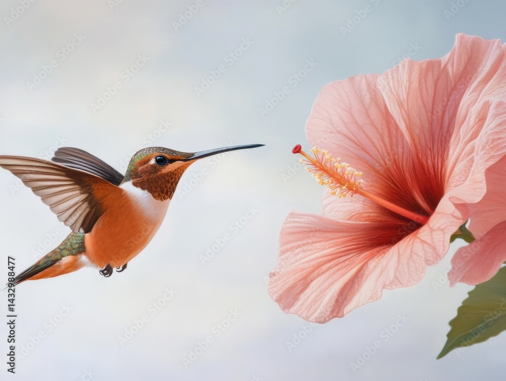 Naklejka premium Hummingbird feeds on pink flower