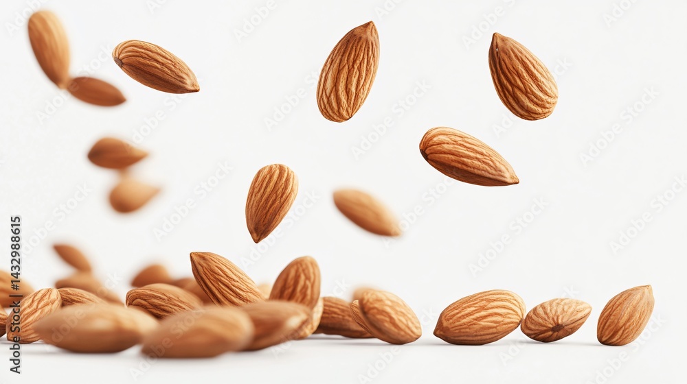 Shelled Almonds Falling Freely Vertically on White Background Shelled Almonds Falling Freely Vertically on White Background