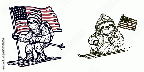 sloth wear american flag ski on snow. Funny Animal Vector Clip art. Slow mammal apparel with stars and stripes slides upon wintry ground.