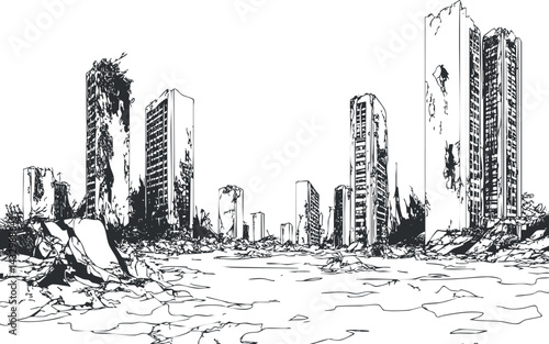 Black and white illustration of a postapocalyptic cityscape with ruined and abandoned skyscrapers on a desolate street.