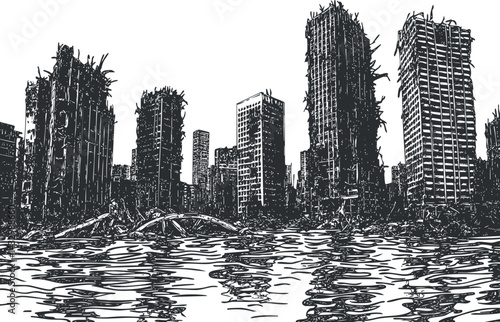 Black and white illustration of a ruined post-apocalyptic city skyline with destroyed buildings and water reflection