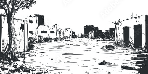 Black and white sketch of an abandoned village with ruined buildings and an empty street surrounded by nature