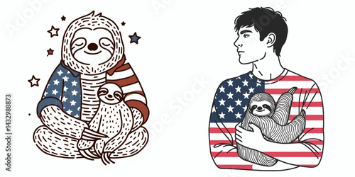 sloth wear american flag Taking care of a pet. Funny Animal Vector Clip art. Patriotic slow mammal clothing national banner attire guardianship.