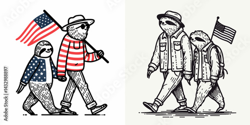 sloth wear american flag Walking together. Funny Animal Vector Clip art. Lazy apparel united states banner ambling jointly for patriotic venture.