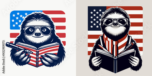 sloth wear american flag glasses writing notebook. Funny Animal Vector Clip art. Slow mammal attire usa banner eyewear journal note jotting novelty.