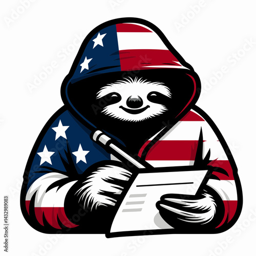 sloth wear american flag Writing love letters. Funny Animal Vector Clip art. Patriotic slow mammal garment drafting romantic note of affection.