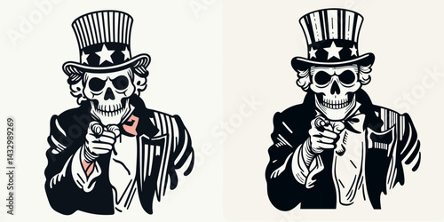 Uncle Sam skull pointing you 1. Funny Animal Vector Clip art. Usa skeleton directing viewer attention individual choice graphic guidance.
