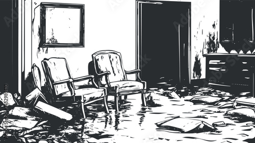 Black and white illustration of an abandoned room with broken chairs and debris scattered on the damaged floor.