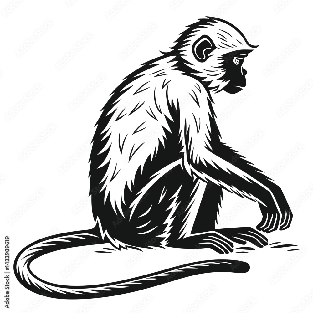 Stylized Monkey Sitting Silhouette, Detailed Fur Texture, Primate in Contemplation Design Stylized Monkey Sitting Silhouette, Detailed Fur Texture, Primate in Contemplation Design