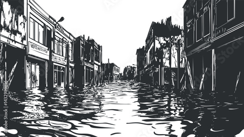 Black and white illustration of a flooded urban street with water covering the road and buildings on both sides