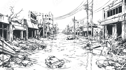 Black and white illustration of a city street devastated by a flood with ruined buildings and debris