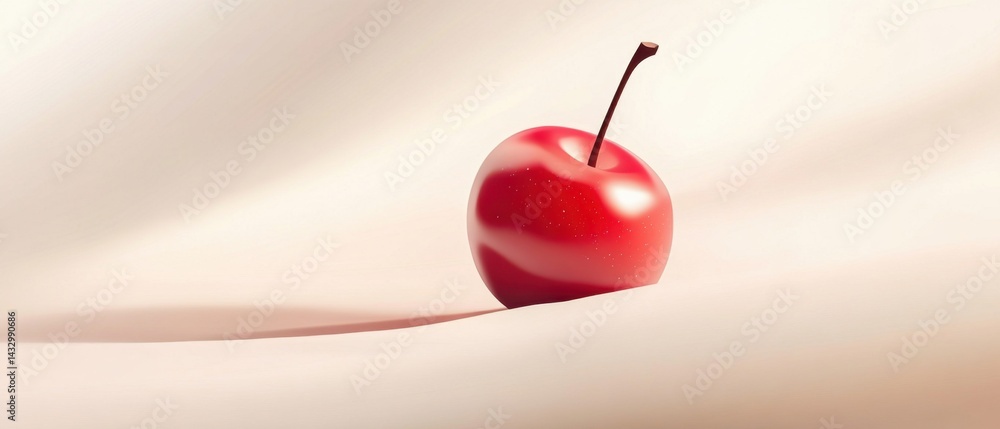 Obraz premium Glossy red cherry with stem on a smooth surface, illuminated by soft light Concept of freshness, healthy eating, and summer fruit