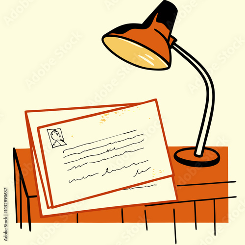 Desk lamp illuminating a letter on a wooden table  