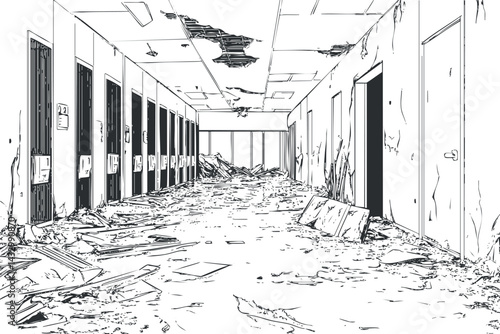 Abandoned and ruined hallway with damaged walls ceiling and debris covering the floor inside a dilapidated building