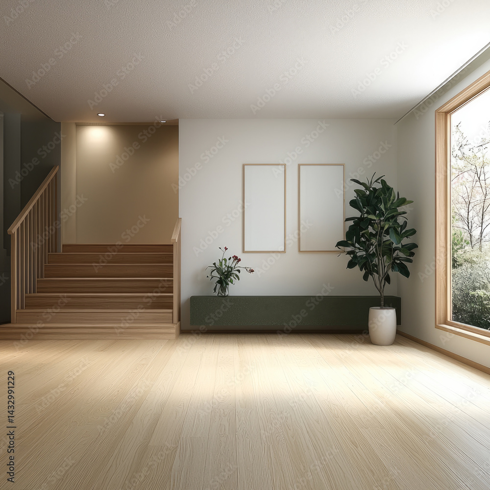serene minimalist interior featuring wooden stairs, large window with natural light, and potted plant. space is designed for tranquility and simplicity, perfect for modern living