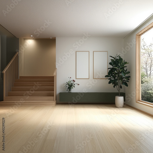 Obraz na płótnie serene minimalist interior featuring wooden stairs, large window with natural light, and potted plant. space is designed for tranquility and simplicity, perfect for modern living w salonie