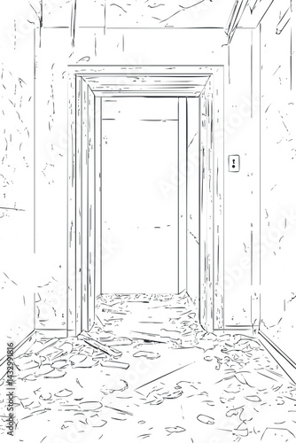 Line drawing of an abandoned hallway with a doorway, peeling walls, and debris scattered on the floor.
