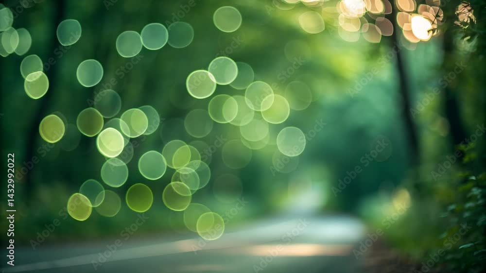 Abstract green bokeh lights illuminating a tranquil forest path  
