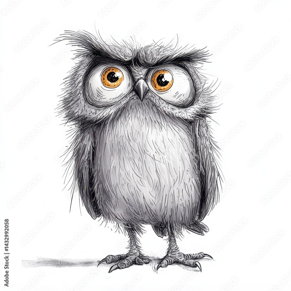 Fototapeta premium Comical Gray Owl Illustration with Orange Eyes