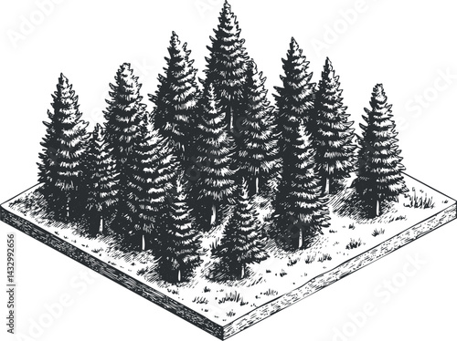 Black and white illustration of a dense pine forest with tall coniferous trees on a square patch of land