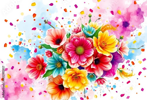 Vibrant watercolor floral burst, festive confetti scattering, pretty, birthday