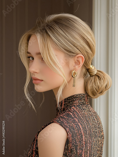 blonde woman with stylish hairstyle and elegant earrings poses gracefully, showcasing her beauty and fashion sense. background is neutral, enhancing her features